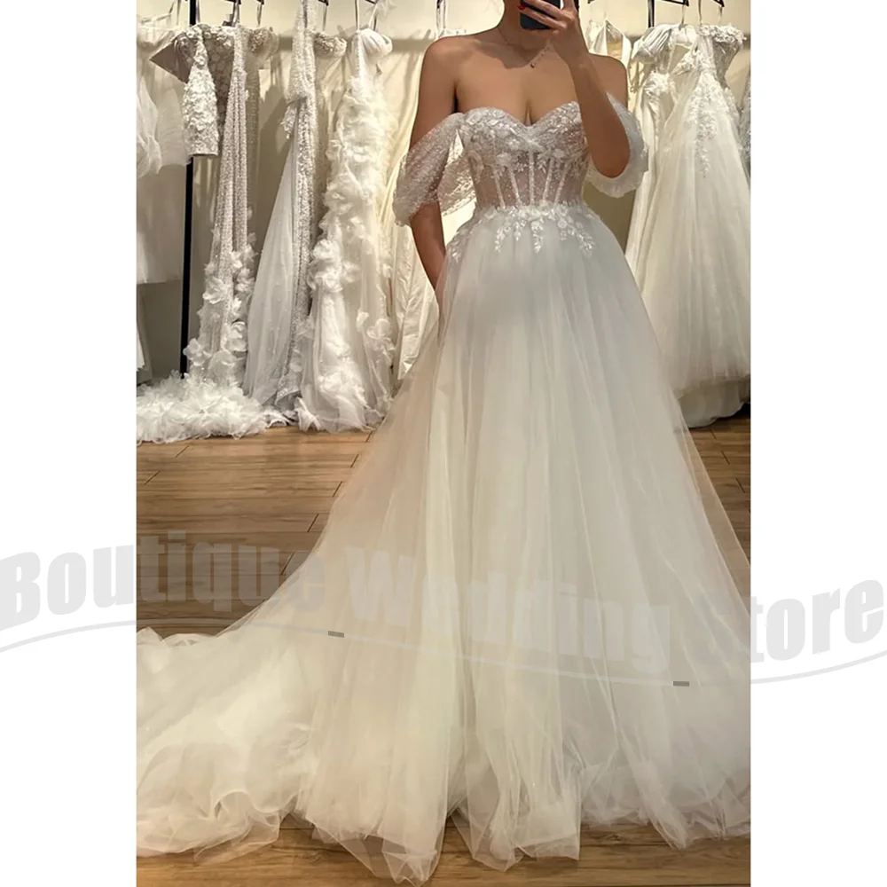 

Elegant Flowers Wedding Dresses White Dots Off The Shoulder Appliques A-Line Gowns Sweep Train Customized Women Bride Dresses
