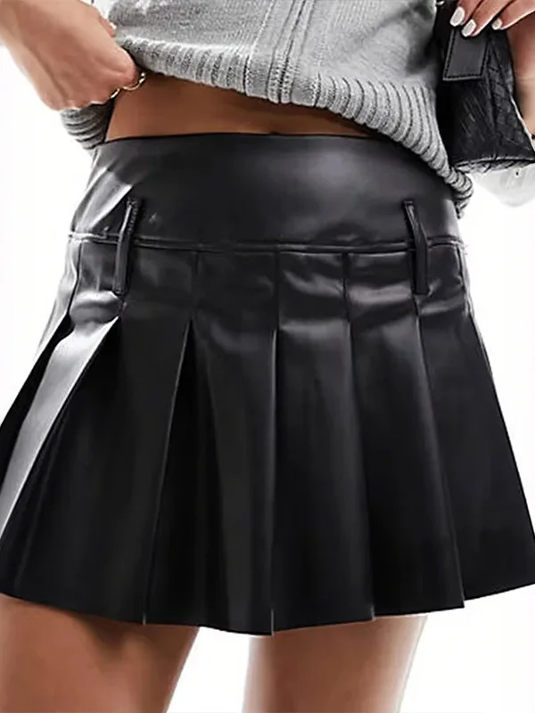 Sweet School Girl Sle PU Leather A-Line  Skirt High Waist Pleated Mirror Fini Cross-Border Women's Faion Skirt
