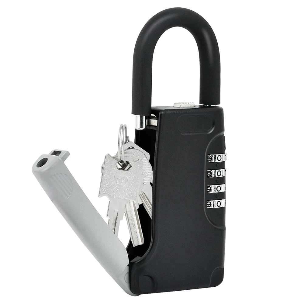 

Padlock Key Lock Box Small Combination House-Outside Black Weatherproof 4 Digit Code Keys Safe Storage For Realtor Contractor