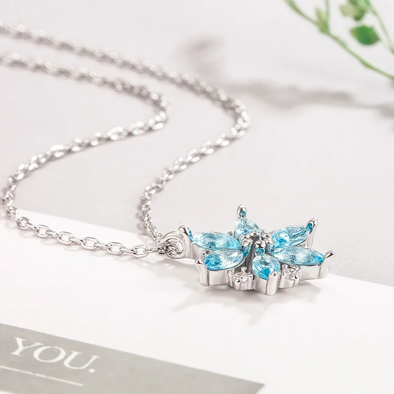 ANENJERY Silver Color Shiny Zircon Snowflake Flowers Pendant Necklace for Women Trendy Delicate Desgin Clavicle Chain Jewelry