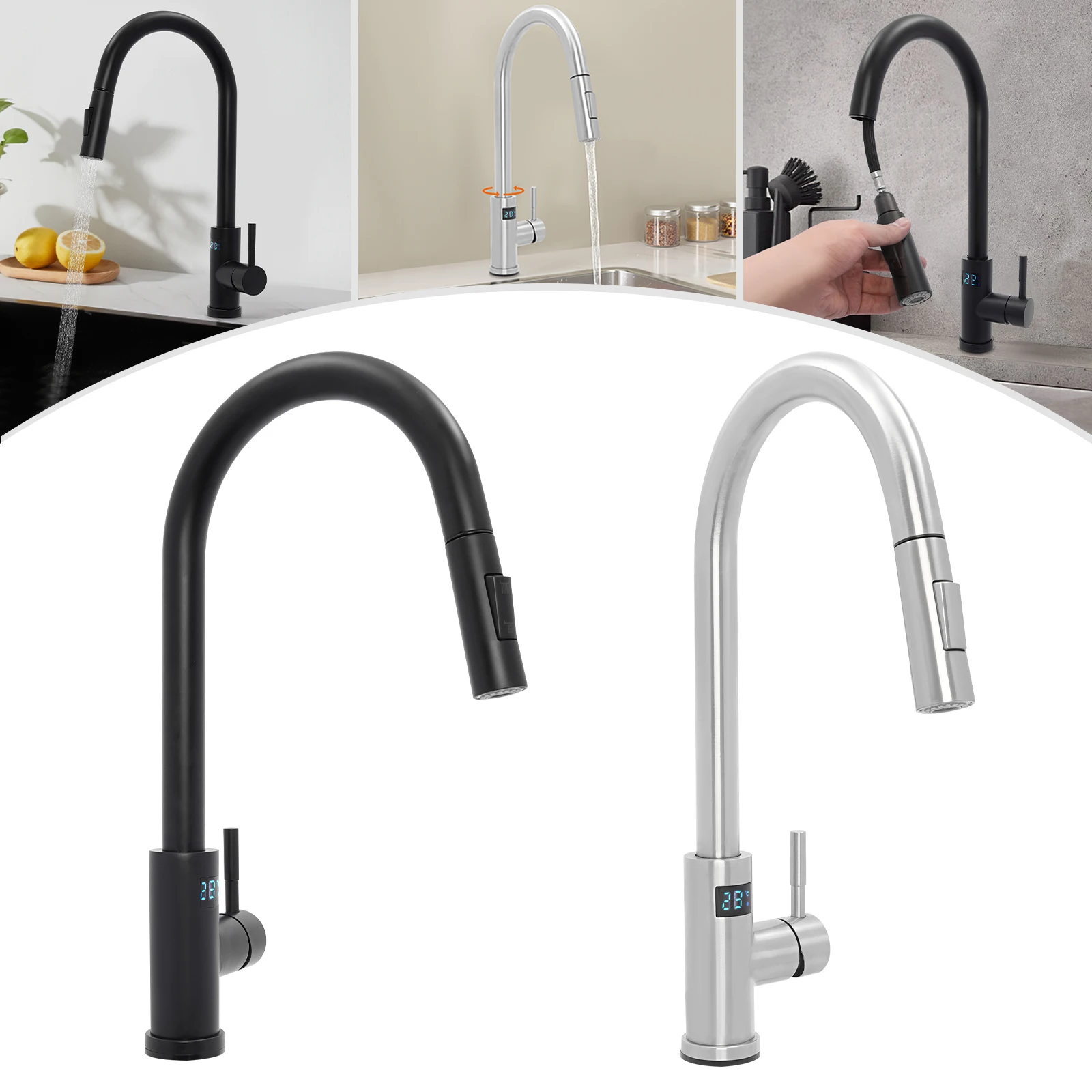 360° Rotatable Faucet Touch Digital Display Pull Faucet with Long Hoses Rustproof Easy to Operate for Kitchens/Restaurants