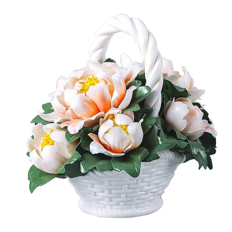 New Chinese hand-squeezed ceramic flower basket ornament, new home lucky, home decoration crafts