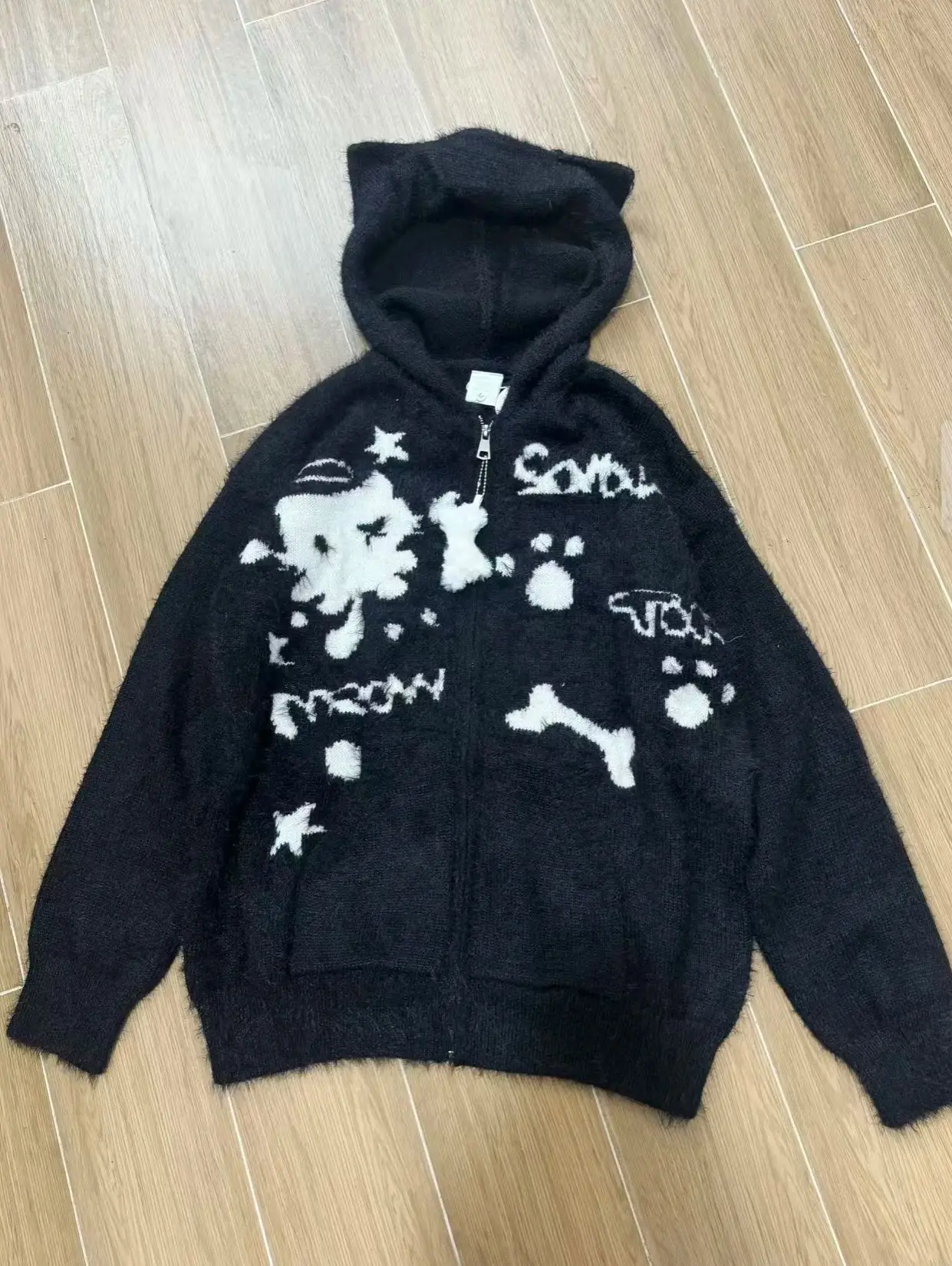 2025 giapponese Kawaii carino Y2k felpa con cappuccio da donna dolce casual elegante orecchie di gatto cappotto manica lunga stampata tasche con cerniera maglione invernale