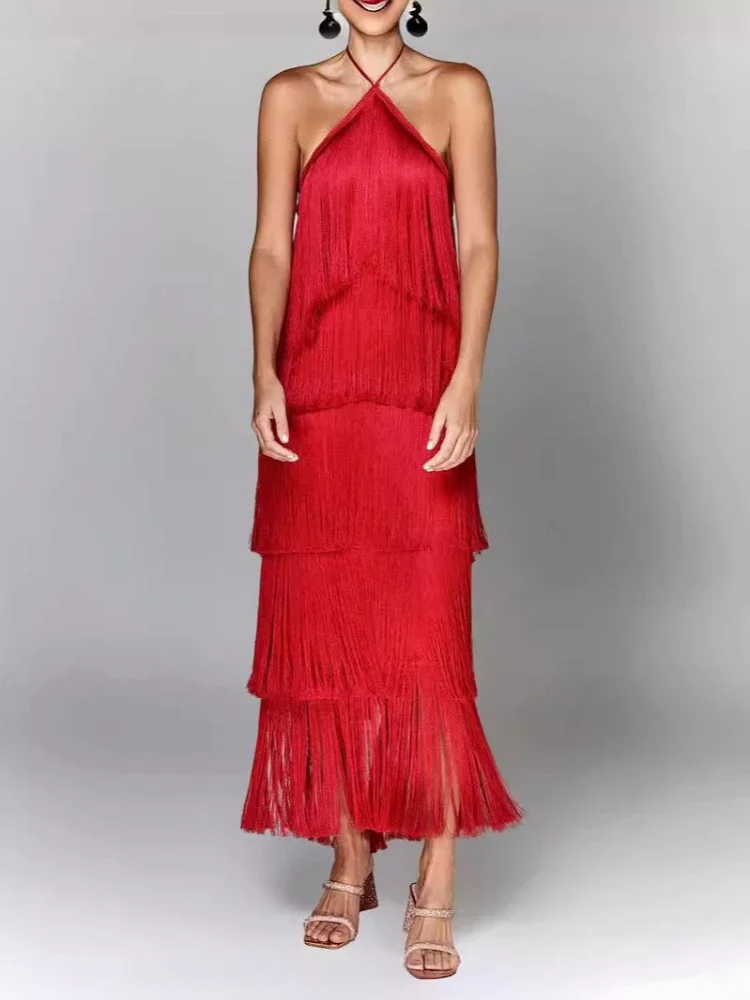 Chic senhora noite festa robe sexy cor metálica borla halter rendas até vestido elegante sem costas sem mangas em camadas vestidos finos