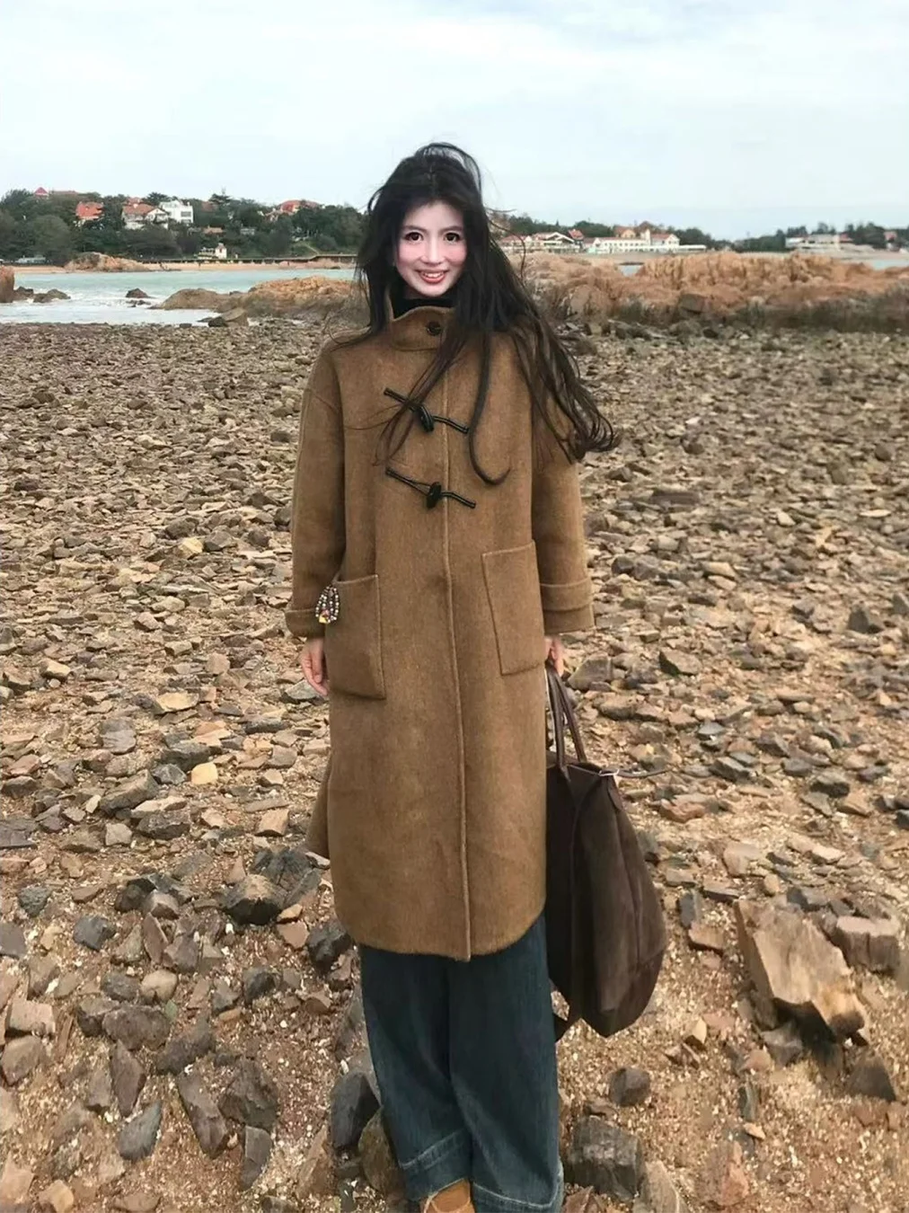 

plus Size Women's Korean Sle Woolen Coat Spring Season Long Lapel Jaet Vintage High-End Feeling Long Sve Faionable