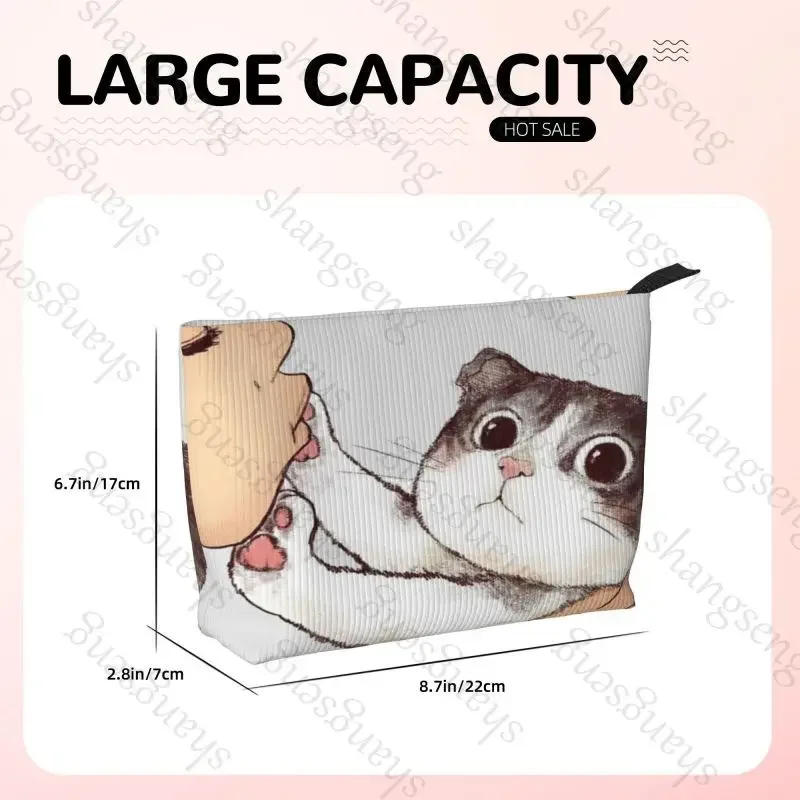 Lustige Cord-Kosmetiktasche, tragbare Reise-Kulturtasche, Aufbewahrungstasche für Schönheits-Make-up, Hautpflege, Kleinigkeiten, süße küssende Katze