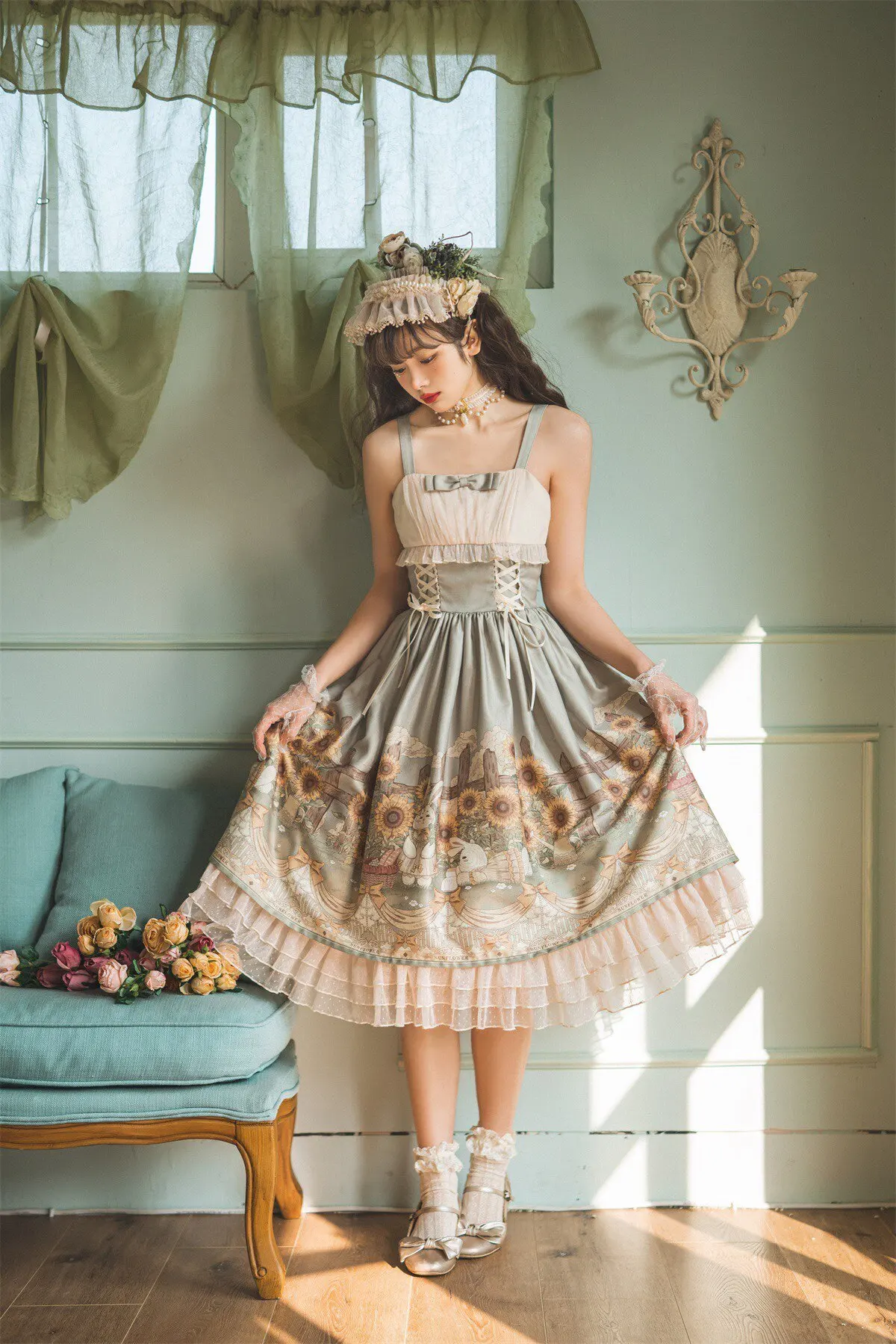 

Sweet Cute Elegant Print Cake Lolita Suspender Dress Summer Ruffle Edge Polka Dot Bow Sunscreen Smock Frock Top Coat Sets Women