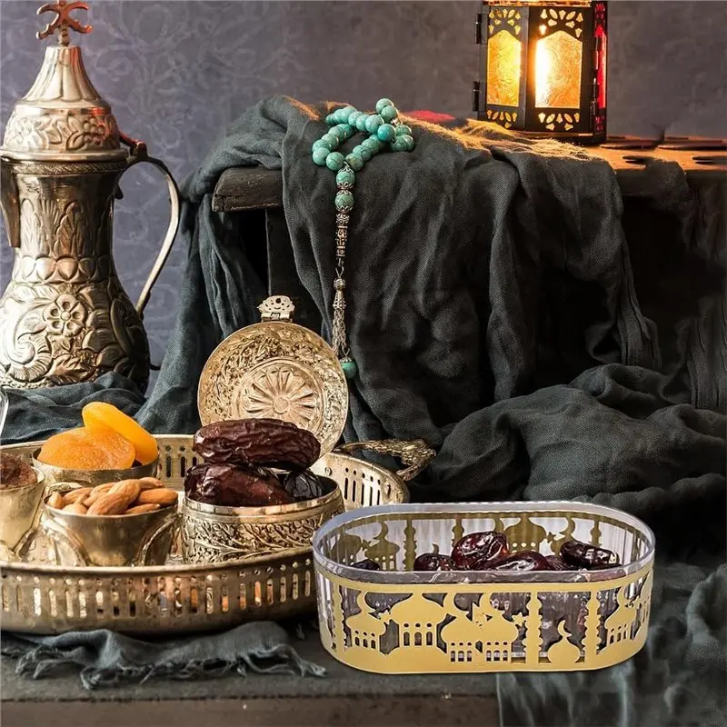 Eid Mubarak Ramadan Tray with Lid Islamic Dessert Metal Platters for Festive Celebrations