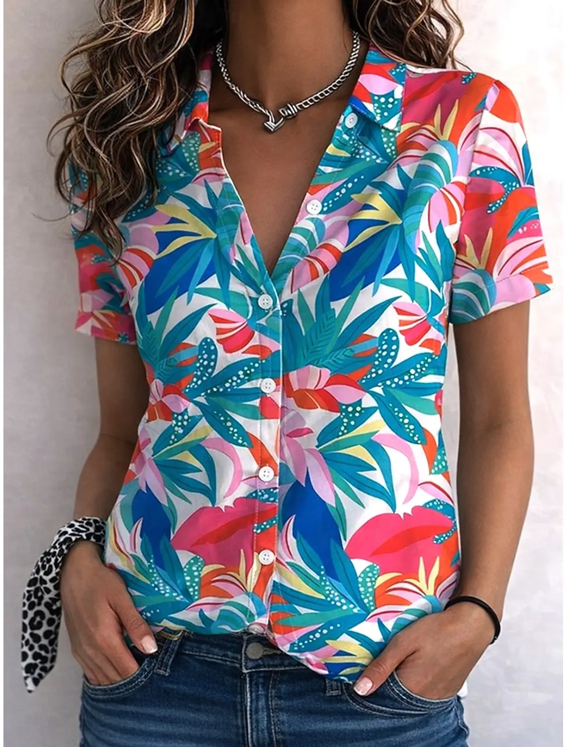 

2026 Summer Women's Hawaiian Tropical Pattern Shirt Lapel Collar Short Sleeve Casual Button Up Shirts for Vacation Outfits Tops