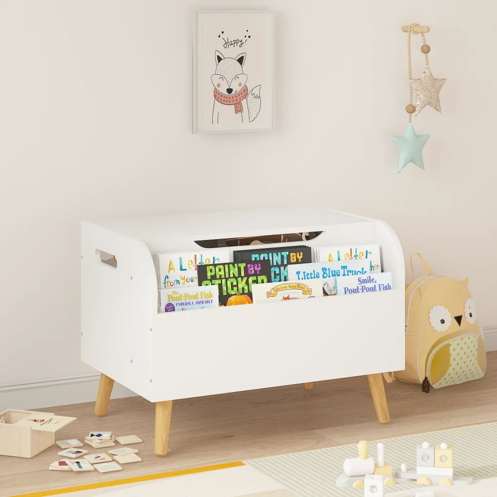 Wooden Toy Box, Kids Toy Storage Box with Front Shelf, Flip Lid, Safety Hinges, for Playroom Kids Room Organization (White)