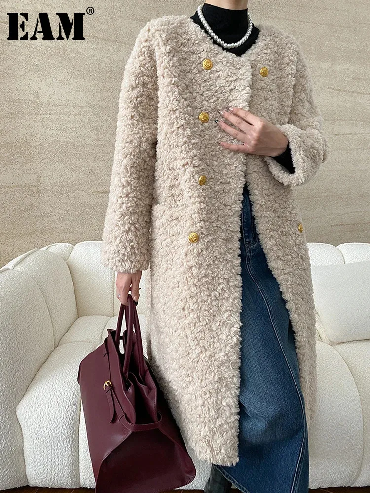 [EAM] Beige Lambswool Thick Warm Big Size Long Jacket New O-neck Long Sleeve Women Coat Fashion Tide Autumn Winter 2024 1DH7884