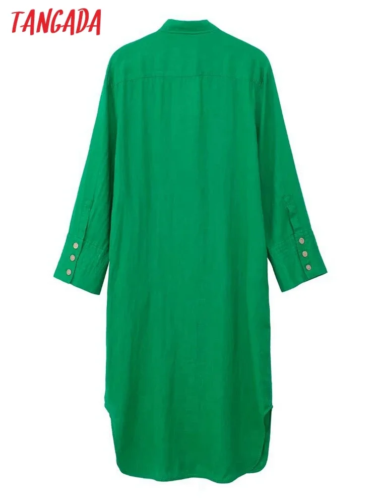 Tangada 2022 Fashion Women Green Cotton Loose Shirt Dress Buttons Long Sleeve Casual Ladies Midi Dress 3H372