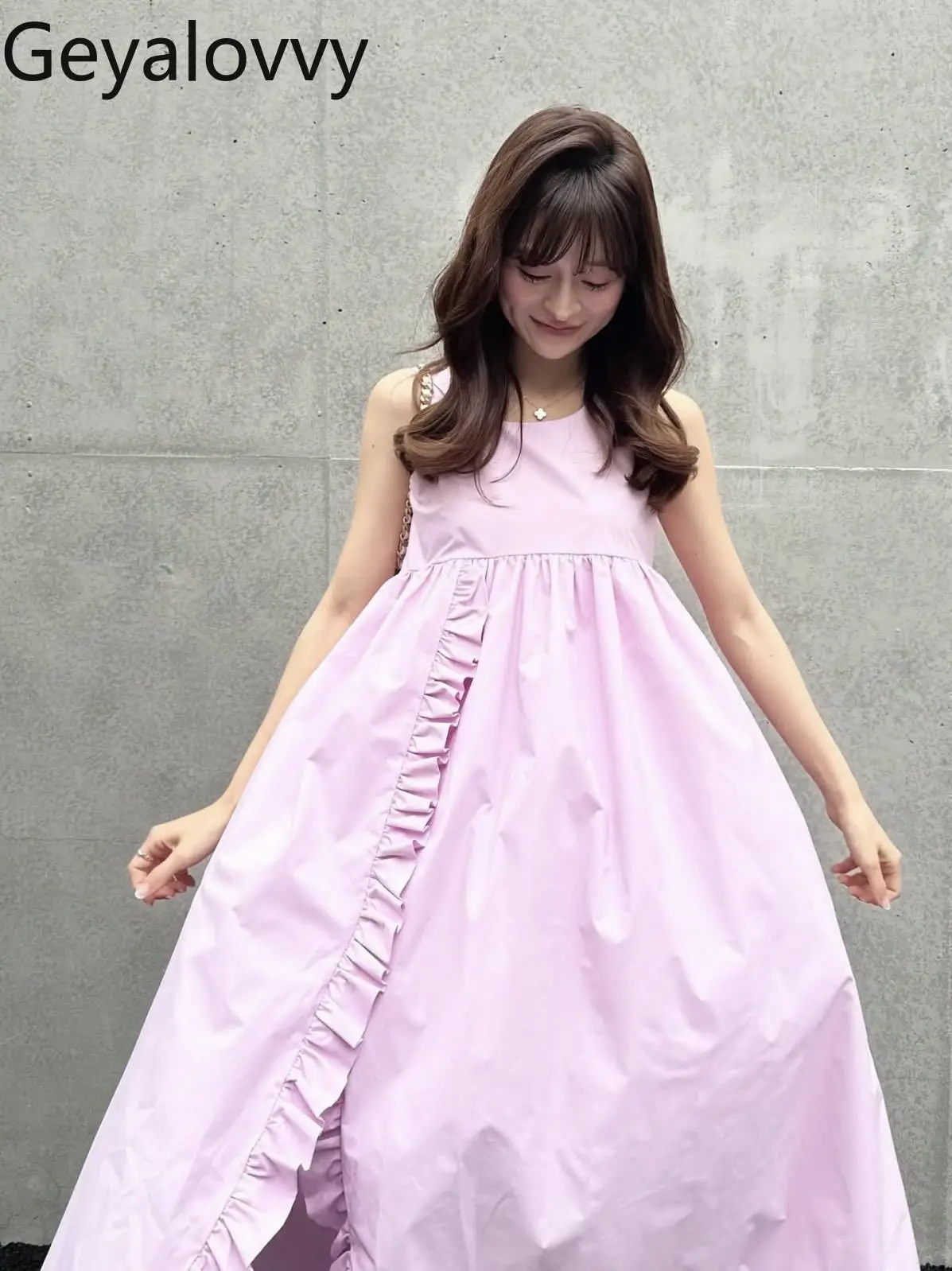 

2025 New Japanese Style Fungus Edge Elegant Casual Sleeveless Dress Femme Solid Color Fashion Summer Long Dresses for Women