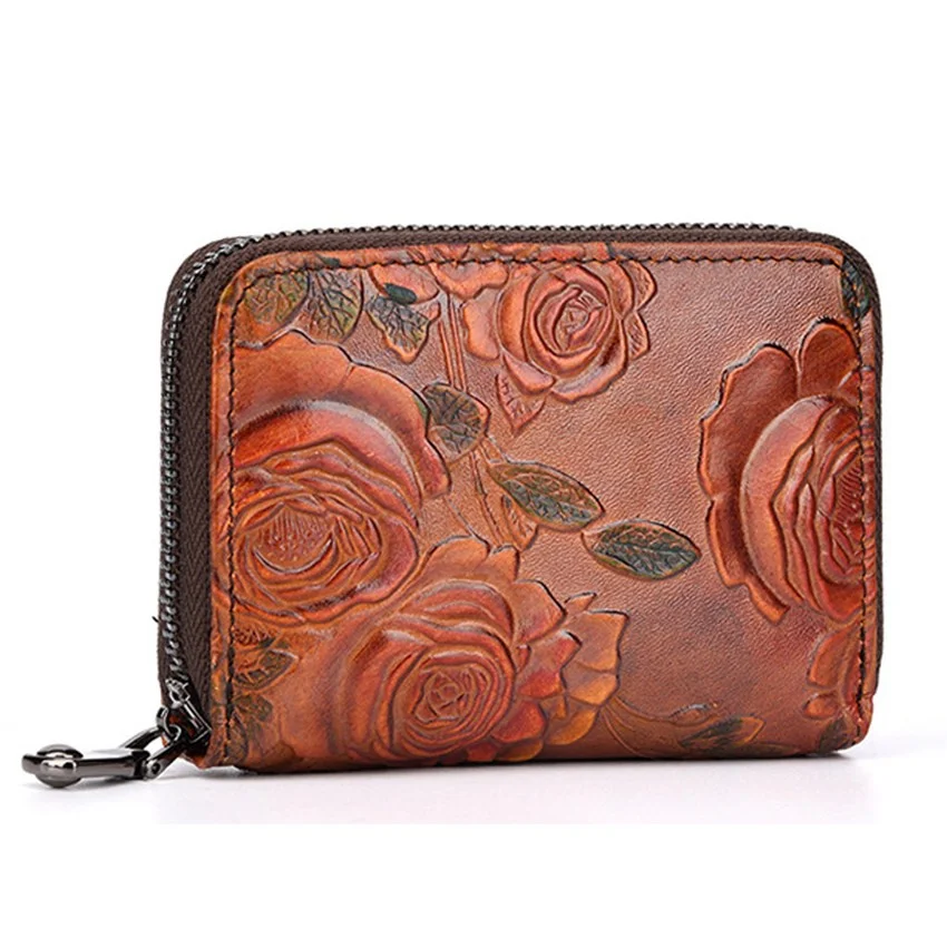 Retro Women's  Zipper Wallet Cow Leather Clutch Wallet Billfold Multi-Card Wallet Credit Card Holder Notecase