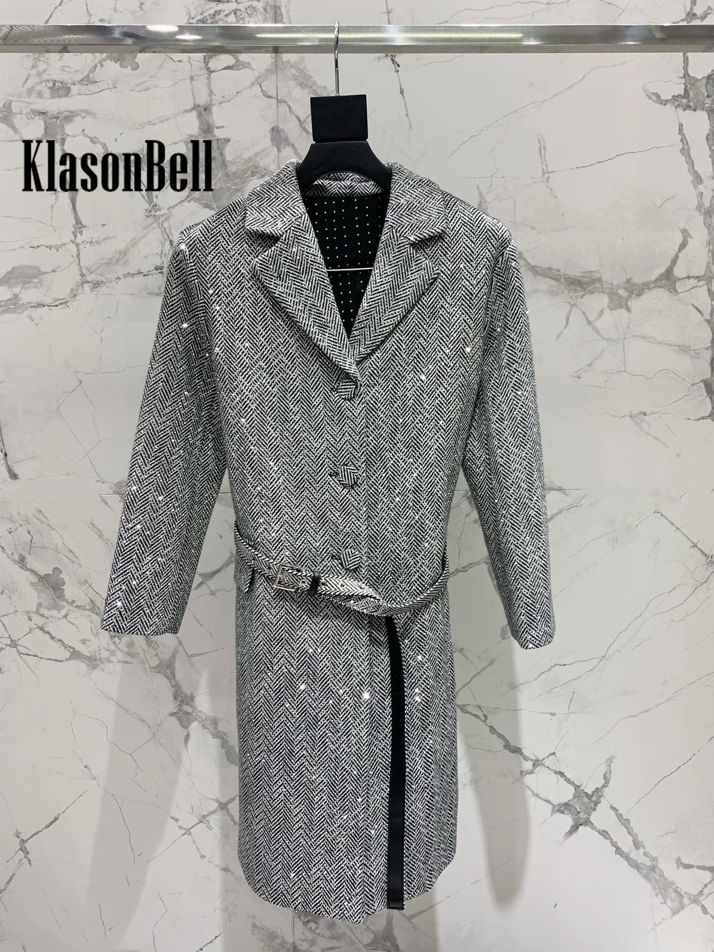 12.20 KlasonBell Women Temperament Elegant Crystal Diamonds Herringbone Lapel Collar Belt Collect Waist Wool Coat