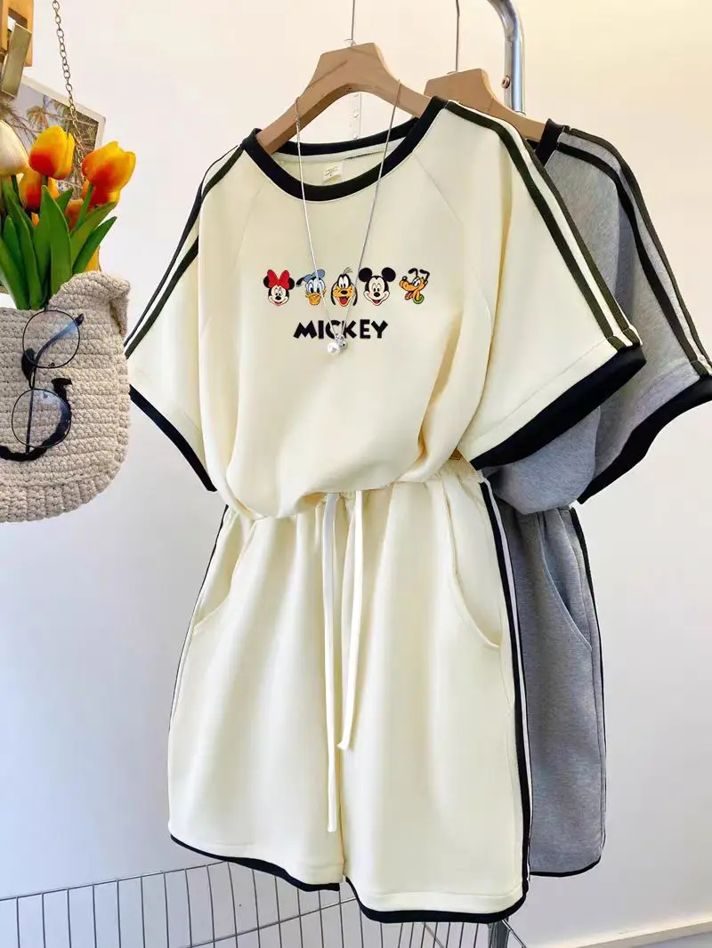 

American Style Casual Sportswear Set Women Summer Loose Slim Short Sleeve Shorts Anti-Aging Two-Piece Set Cartoon Print T-Shirt