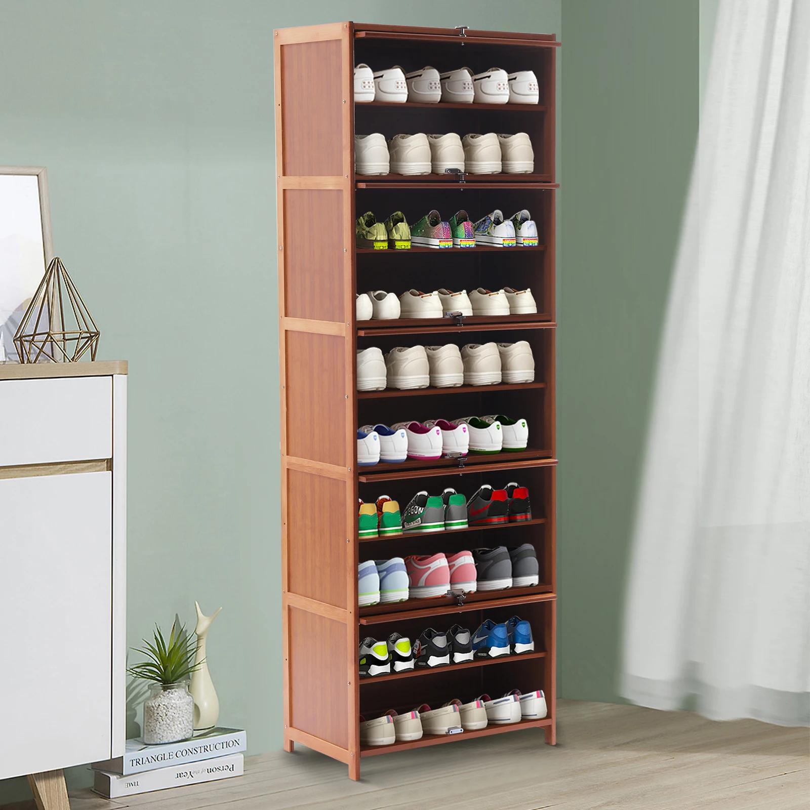 

10 Tier 60cm Bamboo Shoe Cabinet with Doors Freestanding Shoes Heels Sneakers Shelf Rack for Entryway Office Living Room Brown