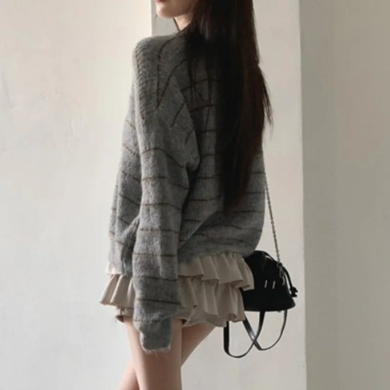 سترة نسائية محبوكة أنيقة مستديرة Ne سترة مخططة ناعمة لربيع الخريف متعددة الاستخدامات كسول Sle Age-Defng بلوزة مريحة #4