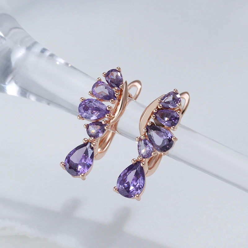 Wbmqda Luxury Fashion Purple Crystal Flower Drop Earrings For Women 585 Rose Gold Color Wedding Party Fine Zircon Jewelry Gifts