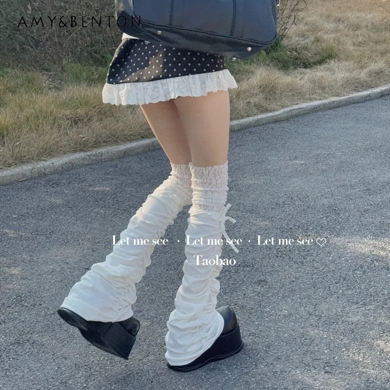 

Subculture Design Lace Splicing Pleated Women's Socks 2026 Spring Summer New Sweet Cool Thin Y2k Horn Stack Leg Warmers Ladies