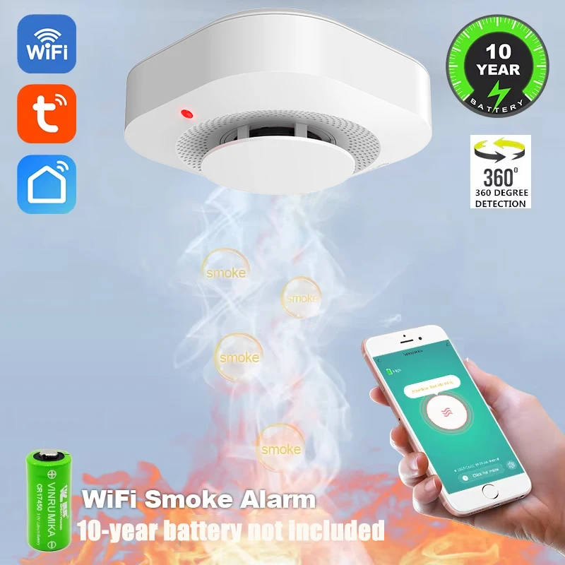 Czujnik dymu WiFi Tuya, ochrona przeciwpożarowa, detektor dymu, alarm pożarowy z funkcją wykrywania dymu, system bezpieczeństwa domowego, strażacy