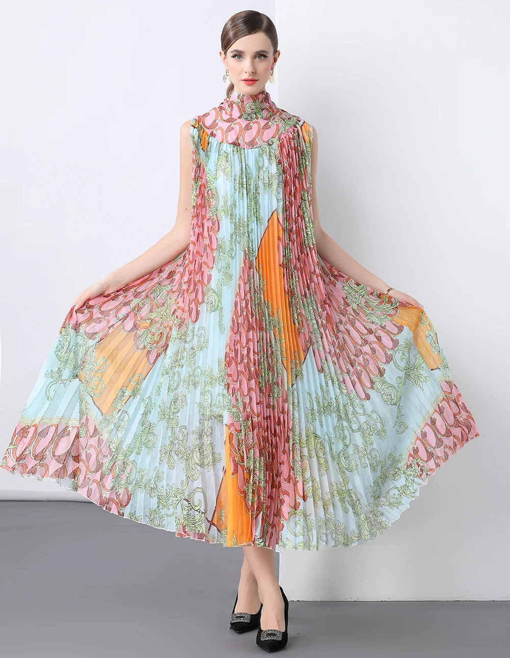 Robe ethnique élégante en mousseline de soie fluide, imprimé Floral, col Semi-haut, sans manches, pour femmes, amincissante, plissée, été, 2025