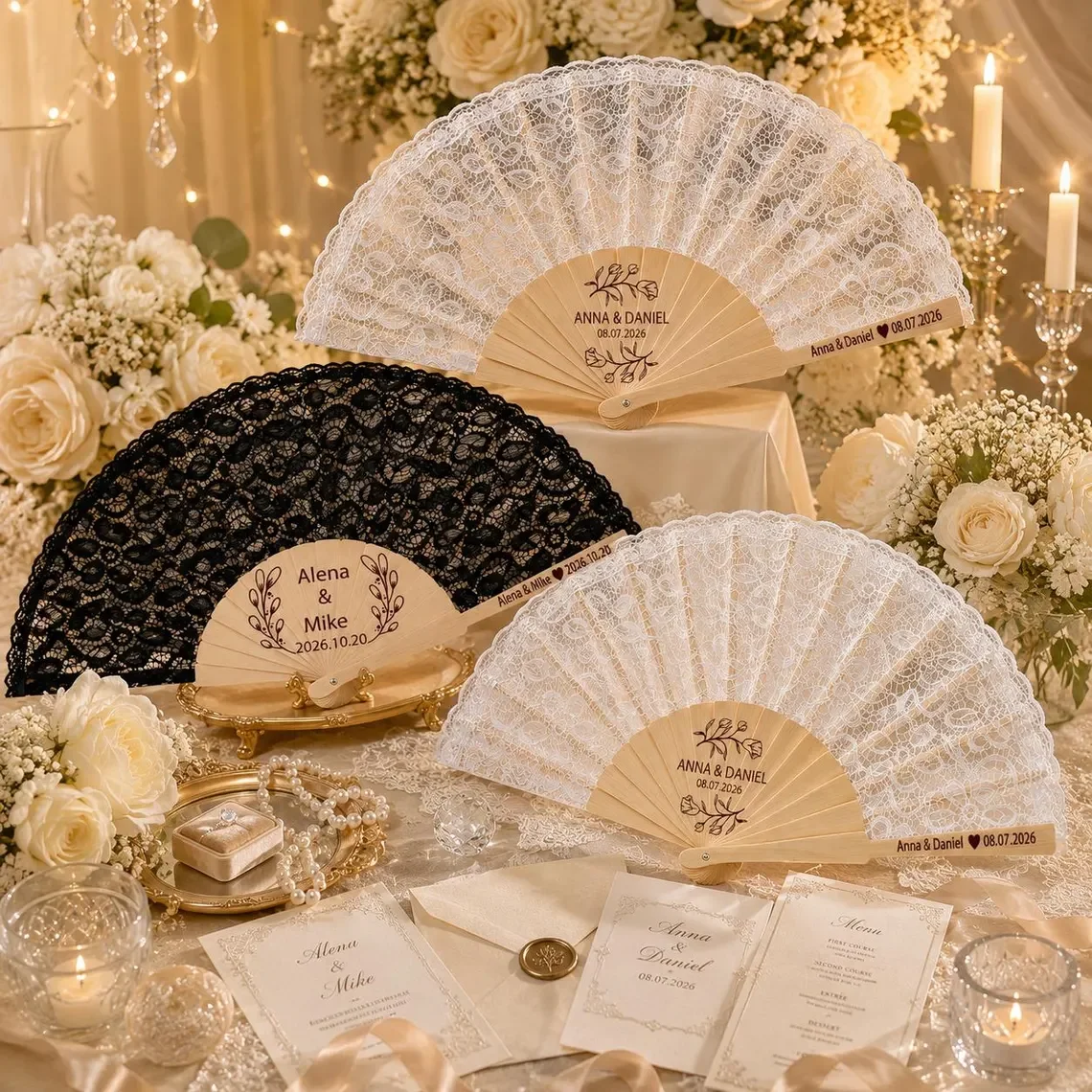 Custom Lace Hand Fans, Elegant Bridal Accessories, Personalized Ceremony Keepsakes, Bridesmaid Gifts, Reception Décor