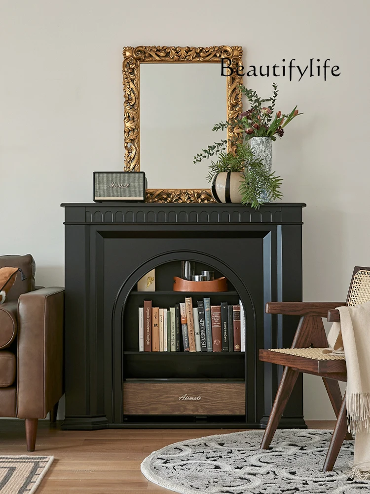 

French Vintage Style Solid Wood Fireplace Black Curio Cabinet Living Room Entrance Side Cabinet Fireplace Mantel