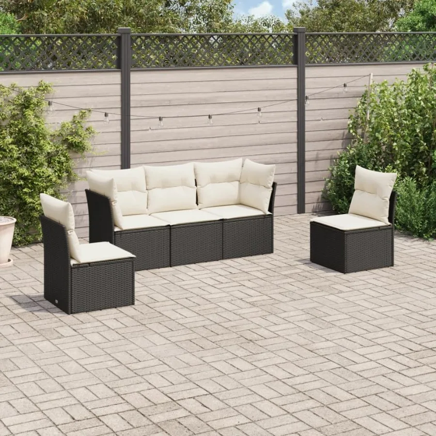 

5 Piece Patio Sofa Set with Cushions Black Poly Rattan