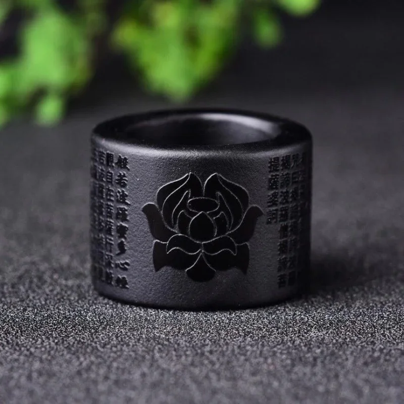 

Natural Black Obsidian Hand Carved Heart Sutra Jade Ring Fashion Boutique Jewelry Lovers Flower Dragon Ring Gift