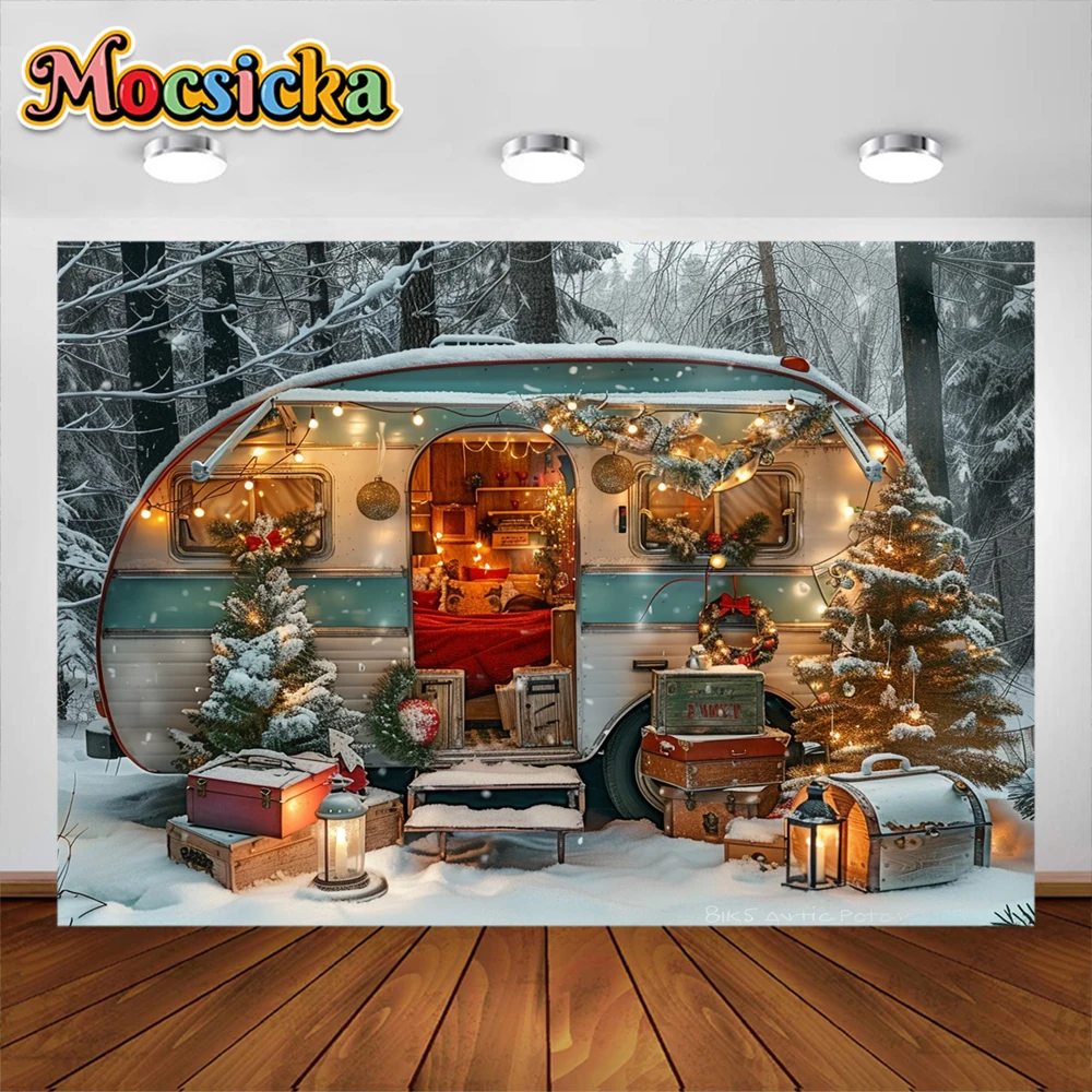 Winter Christmas Car Photography Background Camping Forest Xmas Trees Kids Family Portrait Decor Backdrop Photo Studio Props