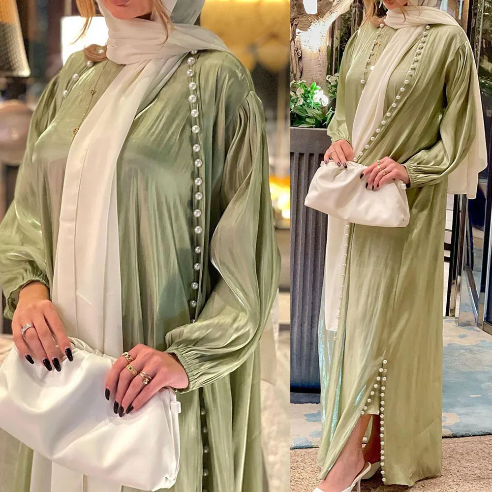 

Muslim Abaya Women Dress 2 Piece Set Abayas Morocco Caftan Gowns 2024 New Ramadan Dubai Arabic Silk Satin Kimono Cardigan Robe