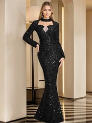 Romagic O Neck Long Sleeves Hollow Out Sweetheart O Neck Evening Party Dress Sequin Bodycon Elegant Wedding Party Gown Dresses