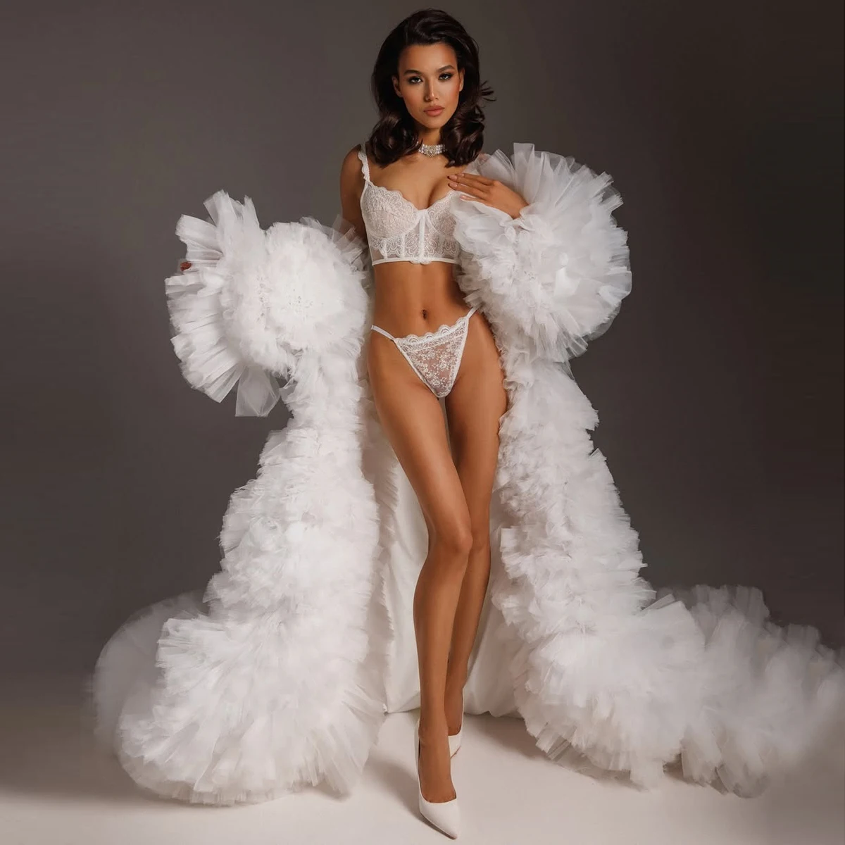 

Fluffy White Ruffles Tulle Bridal Cape Wedding Photoshoot Dress Extra Puffy Tiered Tulle Long Jacket Maternity Robes Women Cape