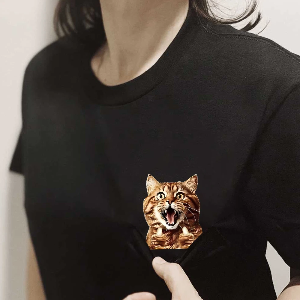 CLOOCL Animal Cats Cotton T-Shirts Screaming Cat Double Middle Finger Print Pocket T-shirt Women Clothing Short Sleeve Tees