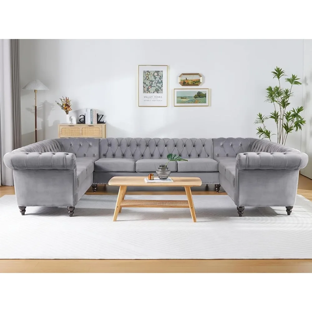 

U Shaped Large Sectional Couch, Chesterfield Velvet Sofa,with Scroll Arms and Nailhead, Tufted Accent Sofa