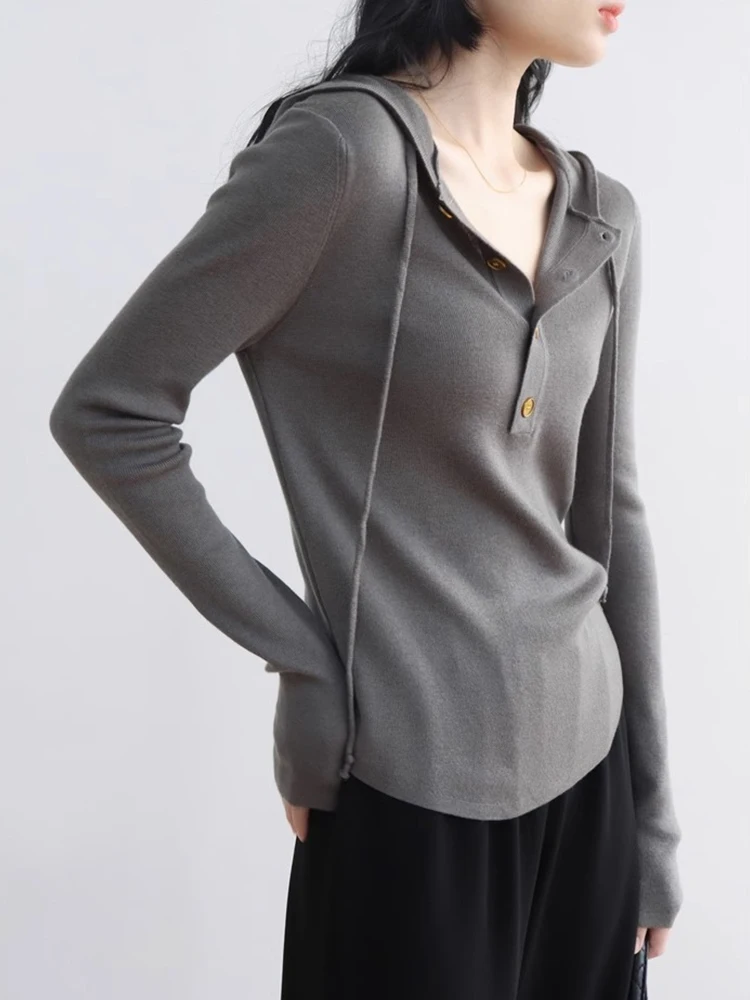 

Comfortable Long Sve Knitted Woolen Hoodie Dstring Slim Fit Base irt Early Autumn Faionable Commute Sle Women's Top