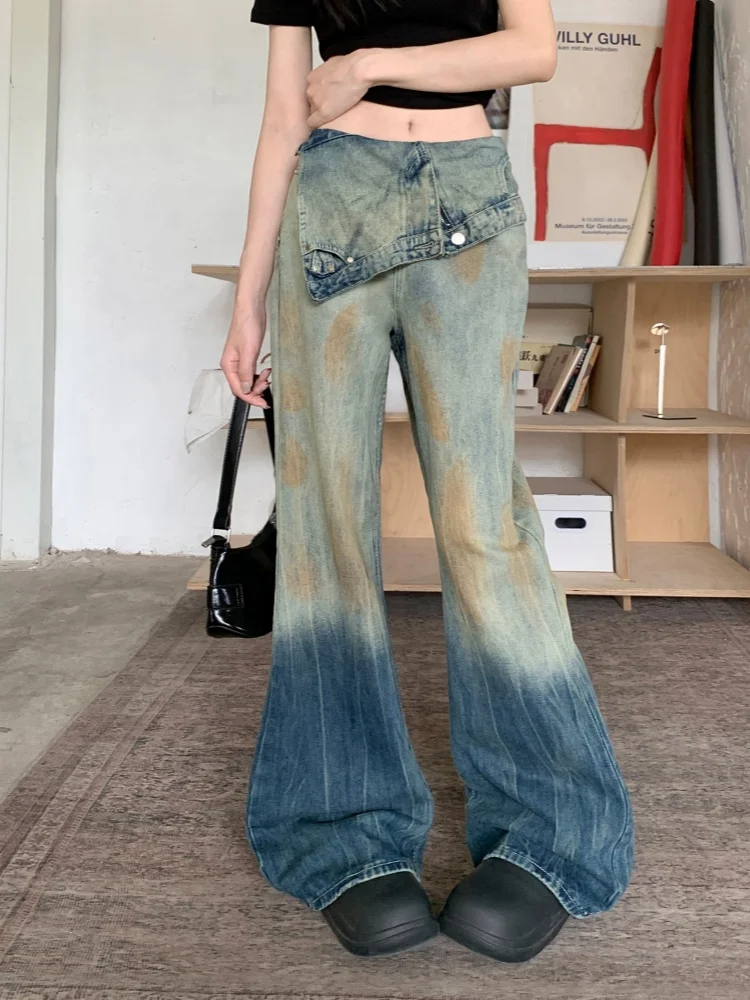

Washed distressed waist design micro flared jeans for women's high street, loose and slimming wide leg pants