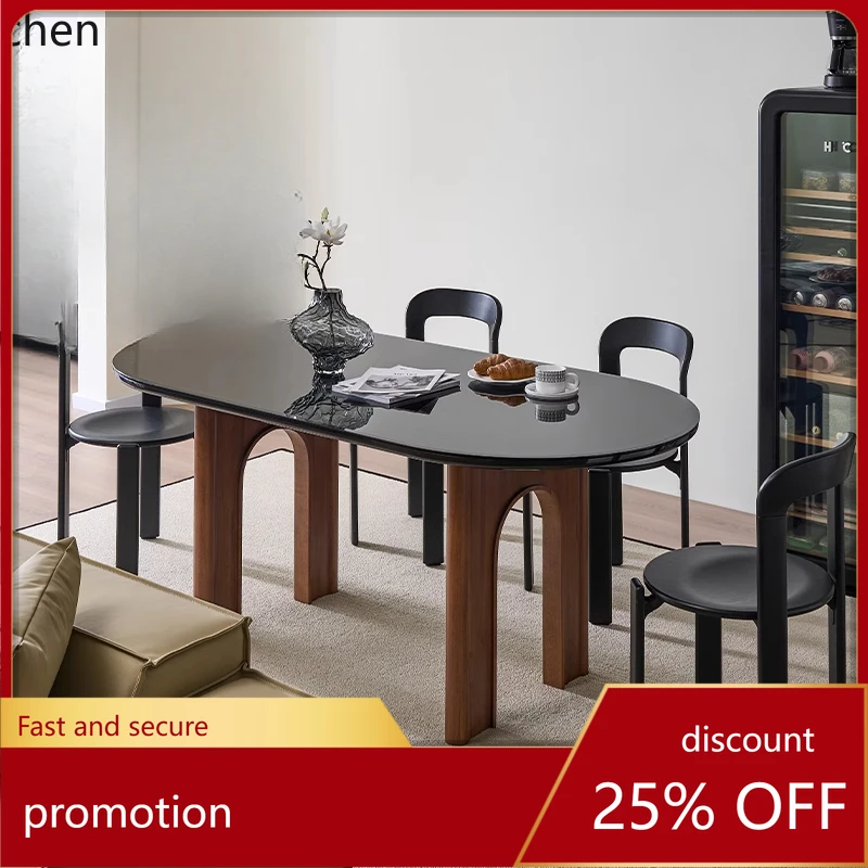 

ZMLwabi sandy wind solid wood oval small apartment household walnut tempered glass dining table
