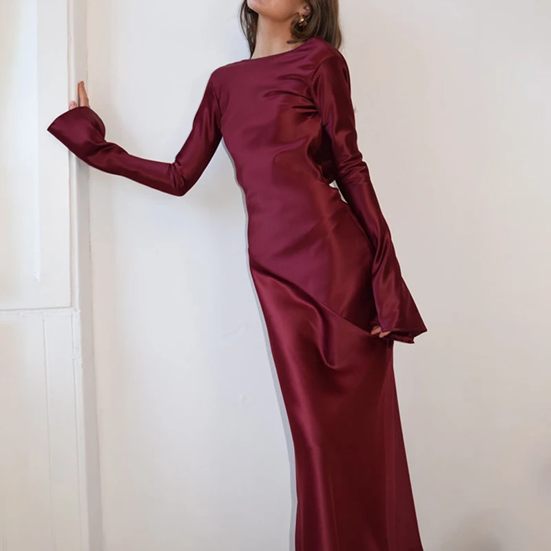 Robe Longue en Satin pour Femme, Tenue de Soirée Sexy, Dos aux, Creux, Couleur Unie, Élégante, Slim, Manches sulf, Mode, Col Rond, Fente Latérale