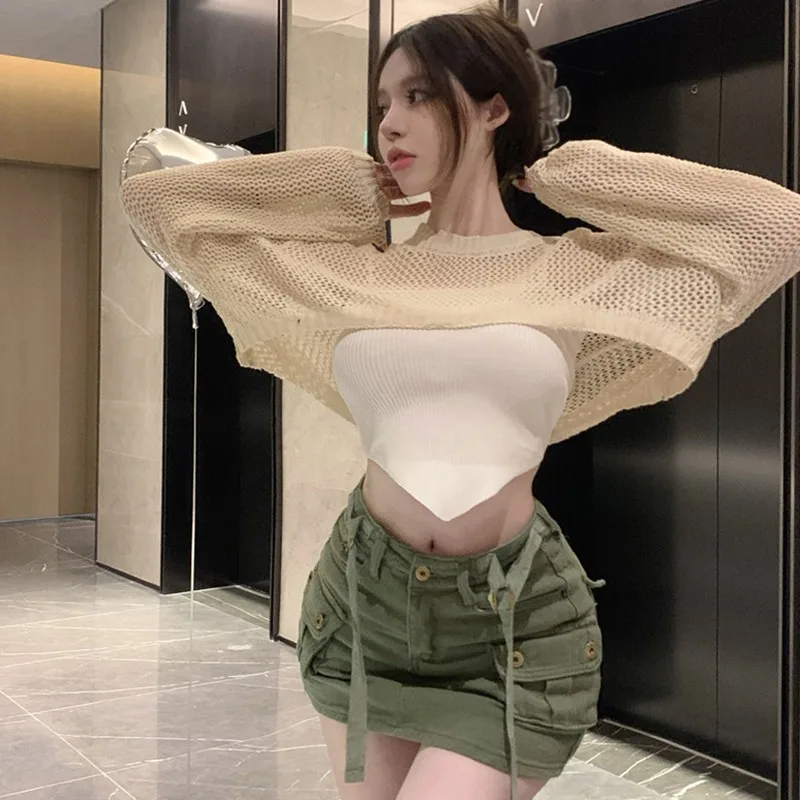 Woman Crop Top Long Sleeve Tops Summer Female Loose Arm Sleeve Sun Protection Tops