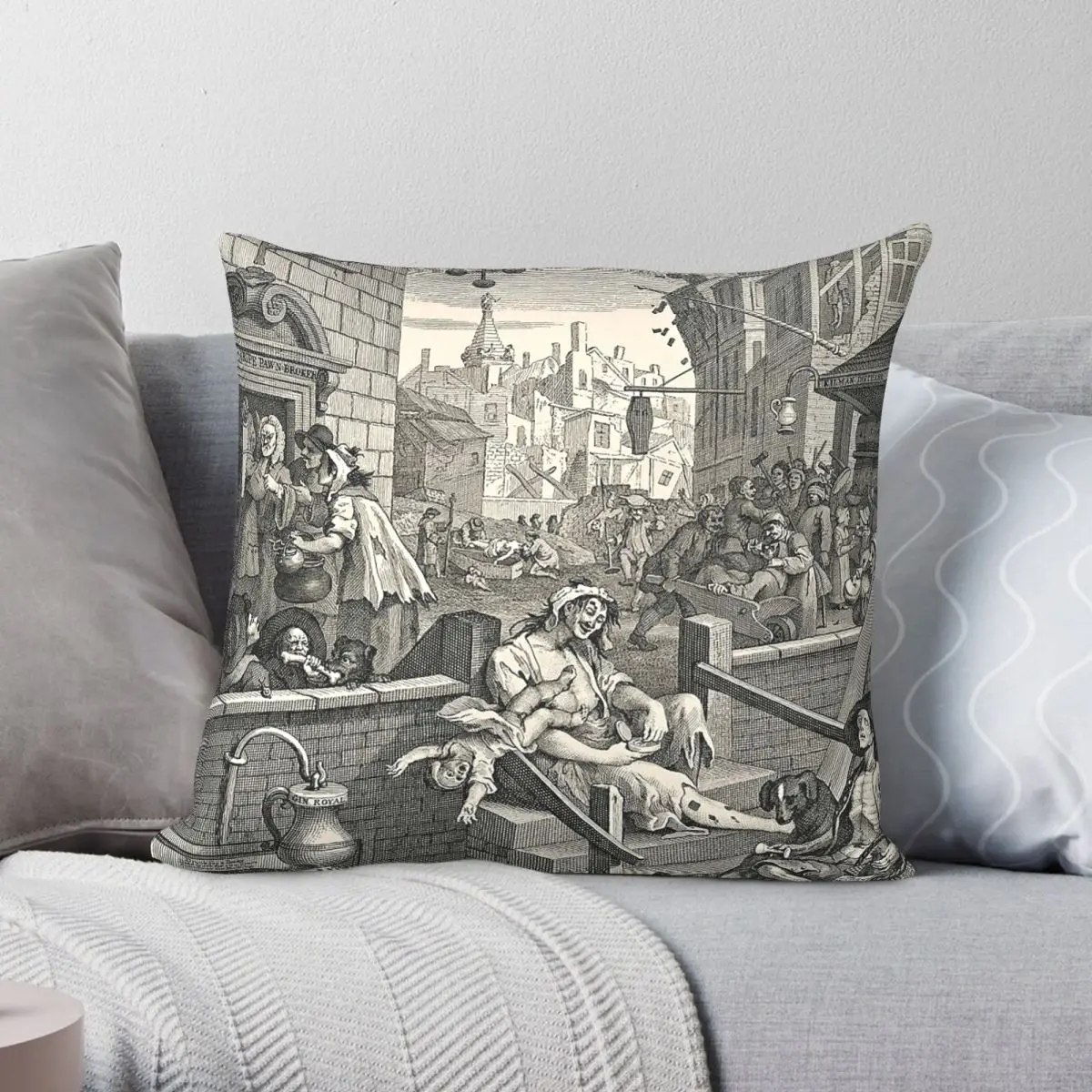 Funda de almohada cuadrada Gin Lane William Hogarth 1751, poliéster, lino, terciopelo, creativa, con cremallera, decorativa, para sofá, venta al por mayor