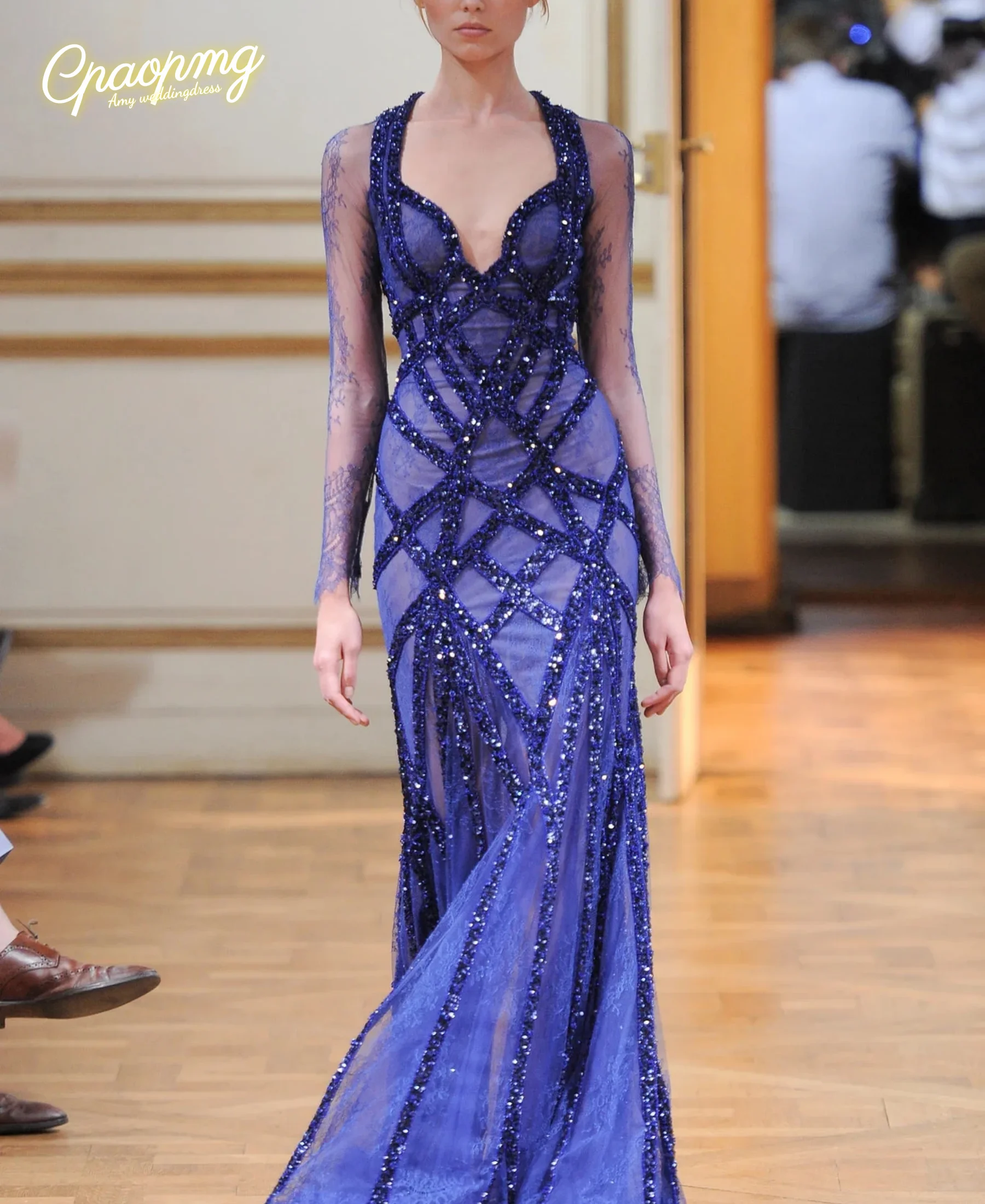 

Customized High Quality Long Sleeves beaded Mermaid فساتين السهرة vestidos de fiesta evening dresses