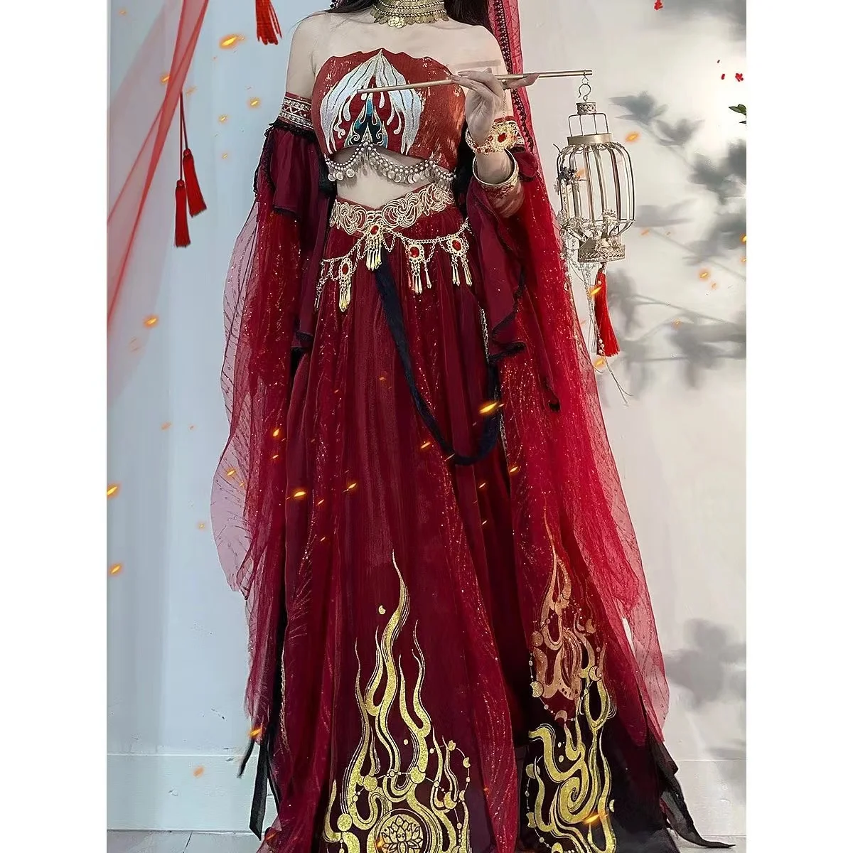 Exotische Godin Dunhuang Red Fire Festival Arabische Prinses Kostuums voor Cosplay Party Halloween Indiase Buikdans Jurk Hanfu