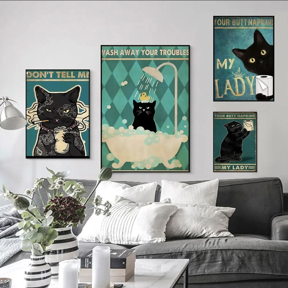 

Black Cats Poster Self-adhesive Art Poster Retro Kraft Paper Sticker DIY Room Bar Cafe Vintage Decorative Painting