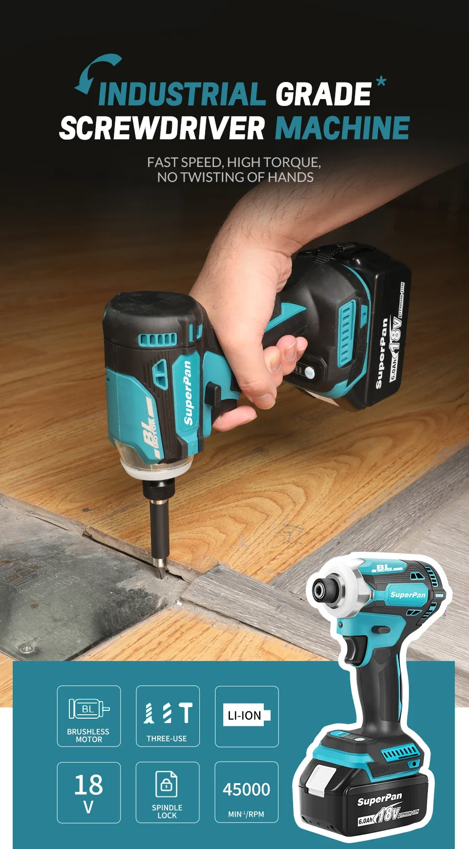 SuperPan171人間工学グリップコードレスドライバードリル18V 6Aバッテリーブラシレス高トルクインパクト電動スクリュードライバー可変速