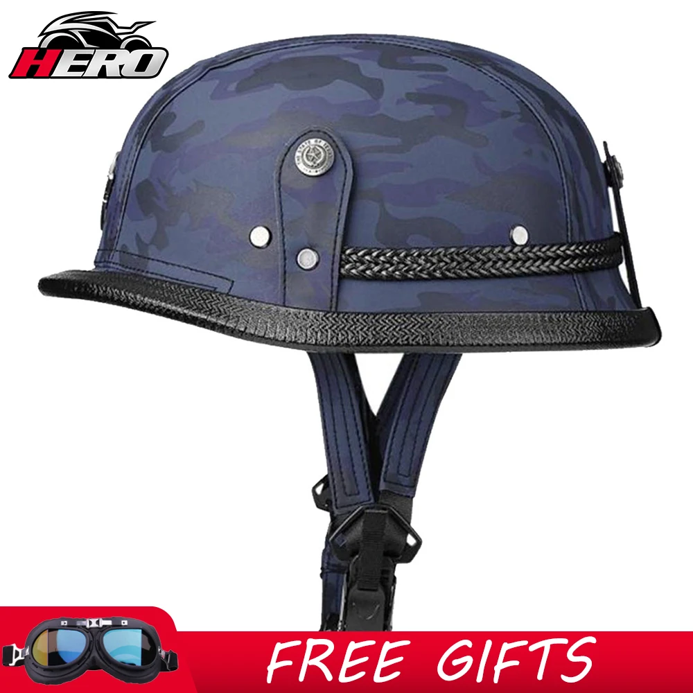 New Motorcycle Retro Half Helmet German Leather Style Pilot Motorcycle Open Face Retro Half Helmet Biker Pilot DOT Certification