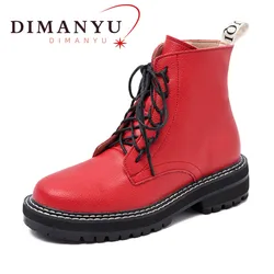 Dimanyu botas de tornozelo femininas2024 novo couro genuíno inverno grosso com pele senhoras botas curtas motocicleta martn botas femininas