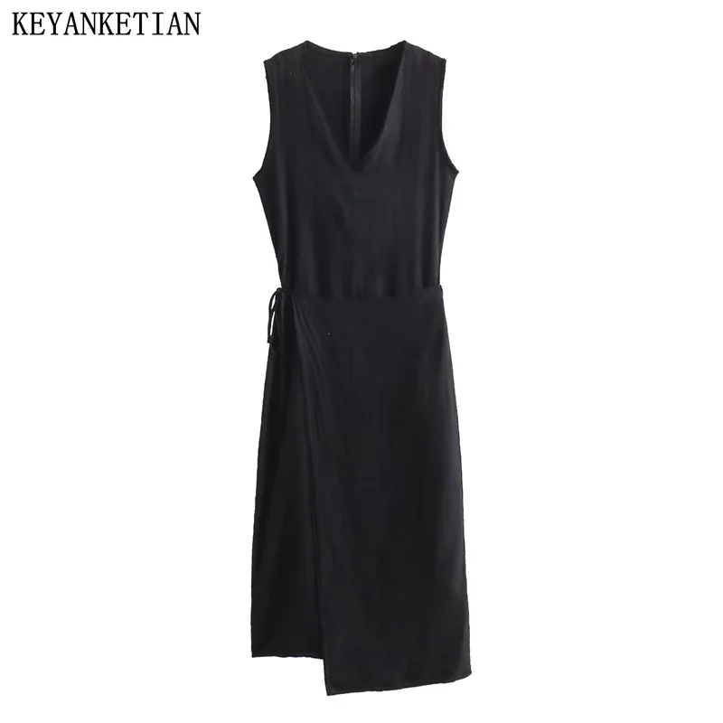 KEYANKETIAN Autumn New Women's Linen Wrap Dress French Style Asymmetrical Lace Up Slim Sleeveless Zip-up Ankle MIDI Skirt Black