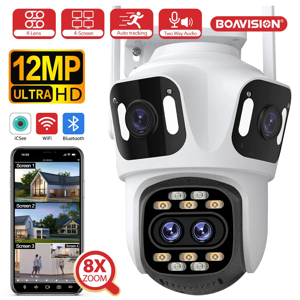 Wifi Camera Outdoor PTZ 4 Lens 4 Screen 8X Hybrid Zoom AI Auto Tracking Linkage Video Bluetooth Security Camera IP iCSee APP